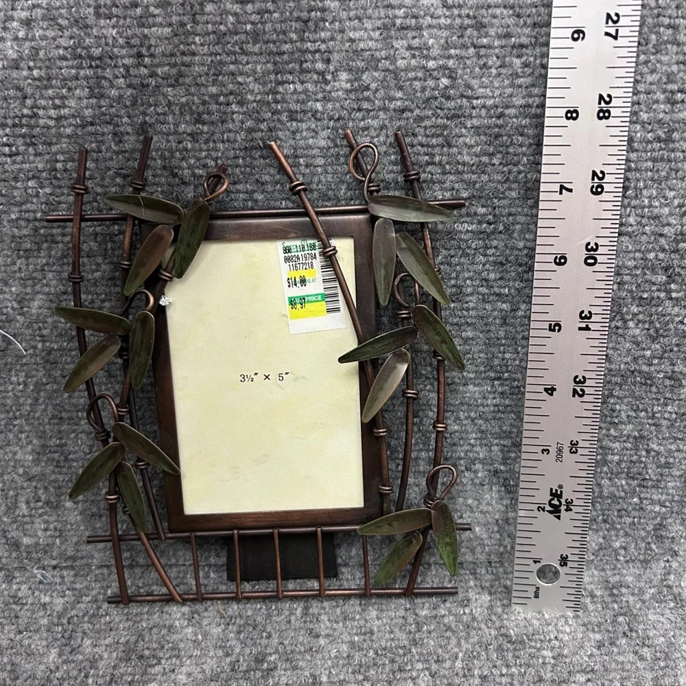 Bamboo Leaf Metal Picture Frame Bronze Green Asian Style 3.5x5 Tabletop Decor